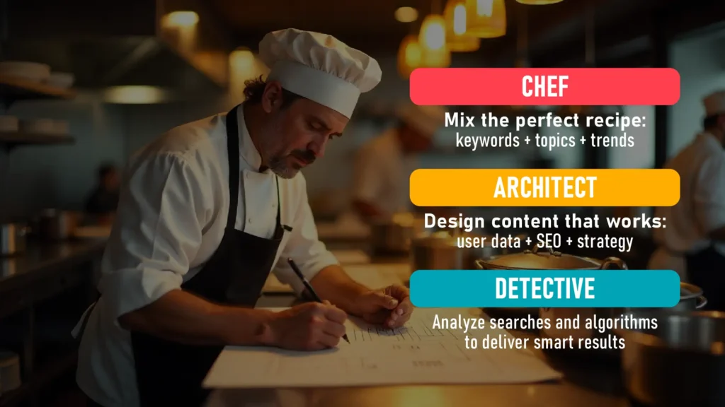 SEO metaphor illustrated as three icons: a chef cooking content, an architect building site structure, and a detective analyzing data