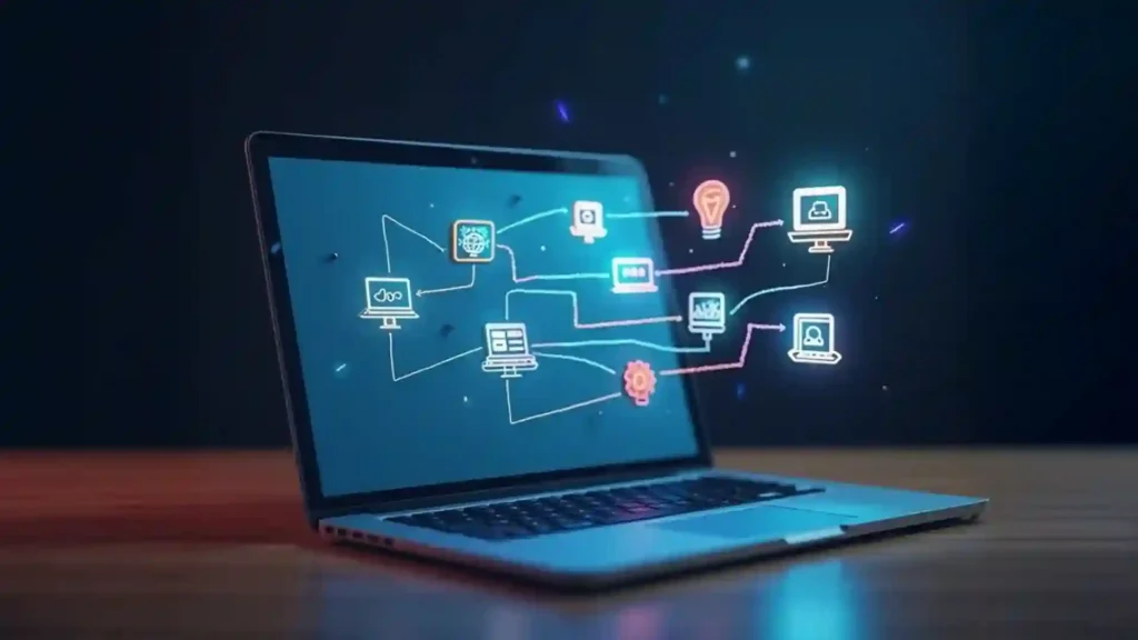 Search engine optimization concept with a magnifying glass over search results on a laptop